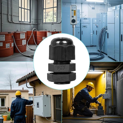 Close-up of black PA66 PG7 waterproof cable gland with hex nut, for electrical cable strain-relief.