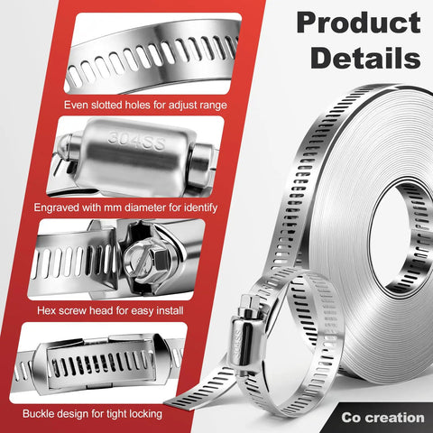 Cut To Fit Stainless Steel Hose Clamps Kit With 32.81 Ft Metal Strap And 20 Fasteners Worm Gear Drive Clamp details