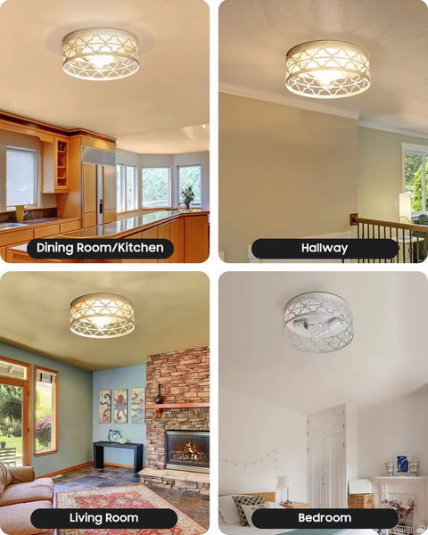 Semi Flush Mount Ceiling Light Fixture In Modern Farmhouse Style With Antique White Finish, shown in various room settings