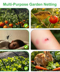Collage of garden netting uses including protecting plants from birds and rabbits, and preventing mosquito bites.