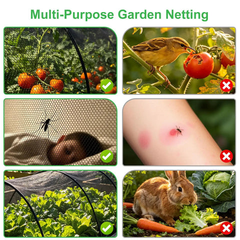 Collage of garden netting uses including protecting plants from birds and rabbits, and preventing mosquito bites.