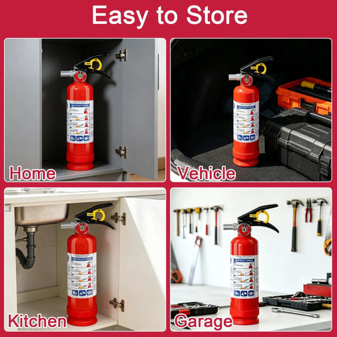 Six Pack Of Tough As Nails 2 Point 5 Lb Abc Dry Powder Fire Extinguishers With Snappy Quick Release Handles For Instant Home Kitchen Car Rv And Office Flame Control stored in kitchen cabinet.