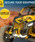Heavy Duty Ratchet Straps With Soft Loop Tie Downs securing ATV, 4400 lb break strength, desert background
