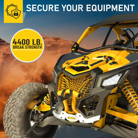 Heavy Duty Ratchet Straps With Soft Loop Tie Downs securing ATV, 4400 lb break strength, desert background