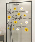 Motivational Daisy Sunflower Wall Decals Set Four Removable Vinyl Quote Stickers on glass shower with Live Laugh Love phrases