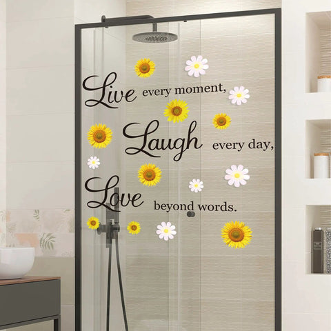 Motivational Daisy Sunflower Wall Decals Set Four Removable Vinyl Quote Stickers on glass shower with Live Laugh Love phrases