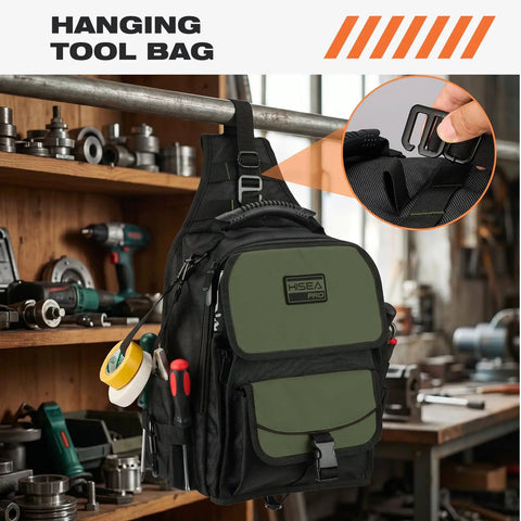 Heavy Duty Electrician Tool Chest Bag With 21 Tough As Nails Pockets And Waterproof Oxford Fabric Tactical HVAC Work Sling hanging on a tool shelf.