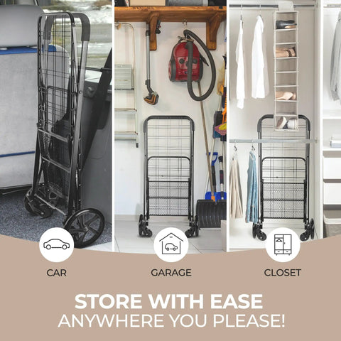 Large Folding Utility Shopping Cart With Removable Liner Heavy Duty Steel Frame 360 Degree Swivel Wheels 110 Lb Capacity stored in car garage closet