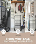 Compact Folding Shopping Cart With Removable Waterproof Liner, 360 Degree Swivel Wheels, Rust Proof Steel Frame shown stored in car, garage, closet