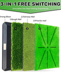 3 In 1 Golf Practice Mat Set With Instant Swing Path Feedback showing rough, fairway, and practice mats on heavy duty rubber base