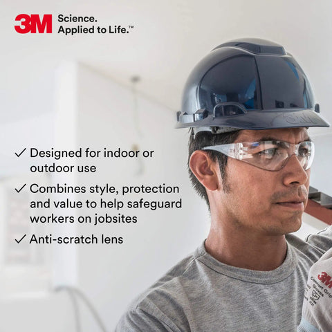 Construction worker wearing safety glasses and hard hat, representing Budget Friendly Safety Glasses Pack Of 100 For Unisex Use.