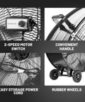 Speed switch, handle, power cord, and wheels of Beast Mode High Velocity 42 Inch Drum Fan Featuring 30,000 CFM High Speed And 21,000 CFM Low, 1/2 HP Motor, Heavy Duty Floor Fan On 8 Inch Casters For Garage, Warehouse, Shop, Factory, UL Listed
