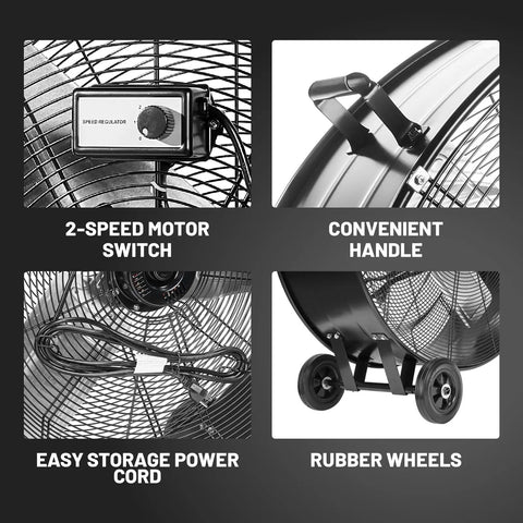 Speed switch, handle, power cord, and wheels of Beast Mode High Velocity 42 Inch Drum Fan Featuring 30,000 CFM High Speed And 21,000 CFM Low, 1/2 HP Motor, Heavy Duty Floor Fan On 8 Inch Casters For Garage, Warehouse, Shop, Factory, UL Listed
