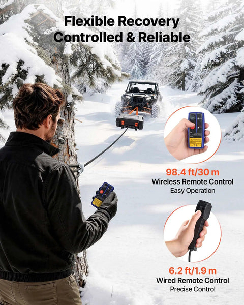 Portable Workhorse Winch 6000 Lbs 12V DC Electric With Synthetic Rope Wireless And Wired Remotes Box Style Recovery Kit With Fairlead Clevis Hook And Strap For ATV UTV Off Road Pulling Tasks. Wireless and wired remote control in snowy off-road recovery scene.
