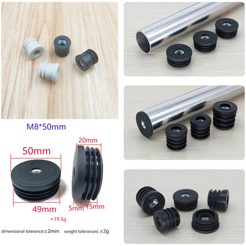 Six Pack Round Tube Plugs With M8 Threads 50mm Diameter Furniture Leg Caps Black Plastic Nut Plugs For Casters