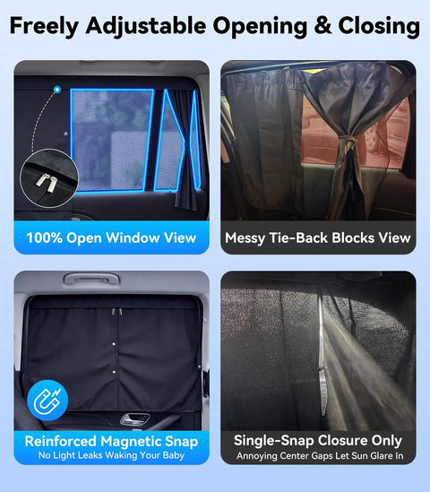 Baby Car Window Shades 2 Pack With Dual Mode Zipper And 100 Percent UV Block Sunlight Protection, adjustable opening views