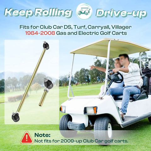 Club Car Golf Cart Steering Kit With Tie Rod Ball Joints And Rack Pinion Drag Link For DS Turf Carryall Villager 1984 To 2008 Gas And Electric Carts Not For 2009 And Up shown with a golf cart in grass field