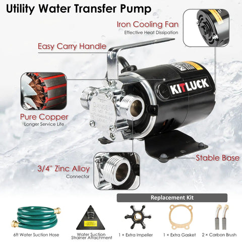 Portable 115V 1/10HP Water Transfer Pump Kit with 6 Ft Suction Hose, 330 GPH, showing copper motor and components.