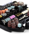 Heavy Duty 320 Piece Rotary Tool Accessory Kit With Durable Protective Carry Case For Sanding Cutting Drilling And Polishing. Open case showing various attachments.