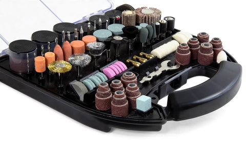 Heavy Duty 320 Piece Rotary Tool Accessory Kit With Durable Protective Carry Case For Sanding Cutting Drilling And Polishing. Open case showing various attachments.