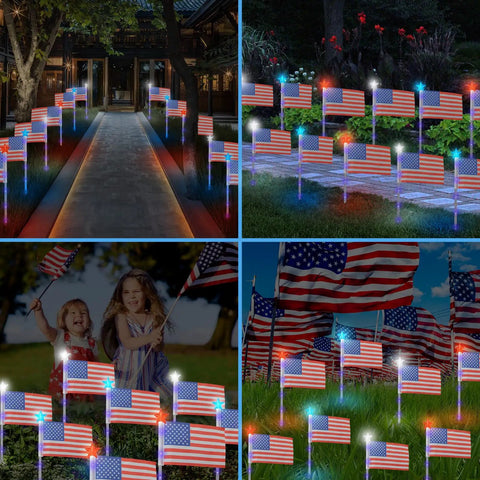 Six Pack 30 LED Solar Patriotic Pathway Lights With 6 US Flags And Flag Stakes Bright Red White And Blue Outdoor Yard Decor For Fourth Of July Memorial Day Lawn Garden