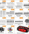 264 Piece Fishing Accessories Kit With Organized Tackle Box Includes Weights Sinker Jig Hooks Swivels Beads Nails Drop Shot Weights Bullet Weights And 10 Ready To Go Rigs For Bass And Trout displayed in compartments.