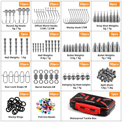 264 Piece Fishing Accessories Kit With Organized Tackle Box Includes Weights Sinker Jig Hooks Swivels Beads Nails Drop Shot Weights Bullet Weights And 10 Ready To Go Rigs For Bass And Trout displayed in compartments.