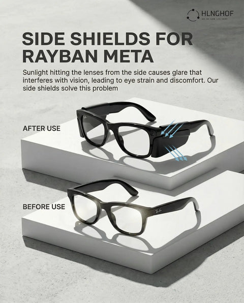 Side Shields For Meta Gen 2 Silicone Smart Glasses Shields Clip On For Wayfarer Skyler Headliner And Oakley Meta HSTN displayed on glasses before and after use with glare reduction illustration.