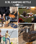 Camping Cookware Set In 304 Stainless Steel With Pots Pan Kettle Colander And Tote For Campin Crew in use while fishing