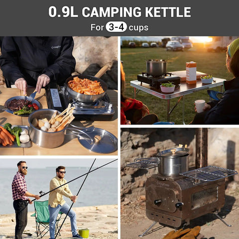 Camping Cookware Set In 304 Stainless Steel With Pots Pan Kettle Colander And Tote For Campin Crew in use while fishing