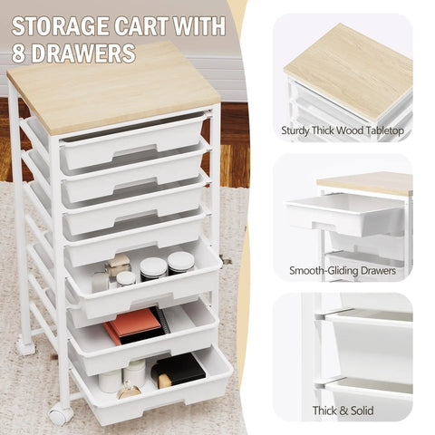 Rolling Cart With Eight Drawers Wooden Tabletop Storage Cart On Lockable Wheels For Craft Room Office Living Room Classroom And Bedroom Great For Organizing Supplies With Easy Mobility And Durable Build, showing organized white drawers and wooden top.