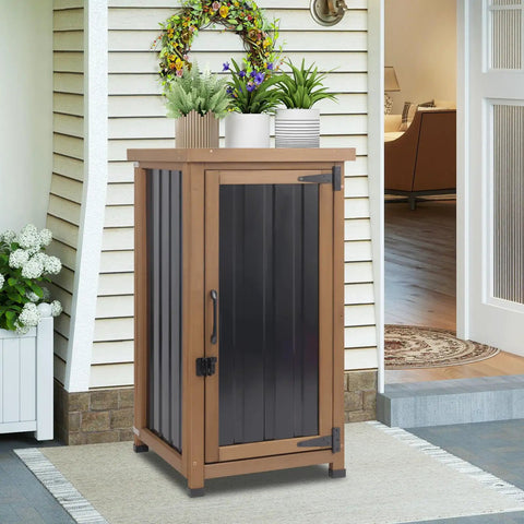Weatherproof Outdoor Storage Cabinet With Metal Top And Adjustable Shelves Waterproof Potting Bench Table For Garden Tools