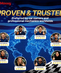 Image showcasing satisfied customers and mechanics from different U.S. states, with a world map background and "Proven & Trusted" text.
