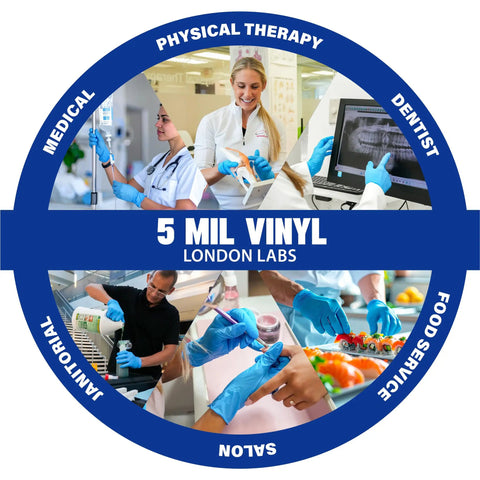 Blue 5 Mil Vinyl Examination Gloves in use by healthcare professionals and food services, Top Tier Synthetic Vinyl Nitrile Blend Exam Gloves Built Different With Next Level Tactile Sensitivity Killer Grip And All Day Soft Comfort Pack Of One Hundred Medium Count.