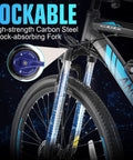 Heavy Duty Adult Electric Mountain Bike Built To Crush Local Trails, featuring a lockable high-strength carbon steel shock-absorbing fork.