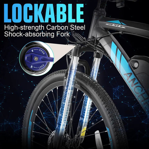 Heavy Duty Adult Electric Mountain Bike Built To Crush Local Trails, featuring a lockable high-strength carbon steel shock-absorbing fork.