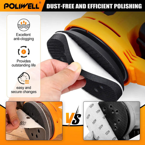 5 Inch Sanding Discs Set With 8 Hole Hook And Loop Wet Dry Sandpaper Sheets 50 Pack Includes 5 Inch Interface Pad For Random Orbital Sander Pro Grade Assorted Grits 80 To 2000 For Auto Wood Metal Plastic, demonstrating easy attachment feature