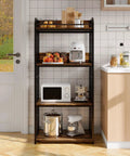Knockout Four Tier Industrial Baker Rack With Adjustable Kitchen Storage Shelves For Microwaves And Pans Heavy Duty Pantry Organizer with pots and appliances.
