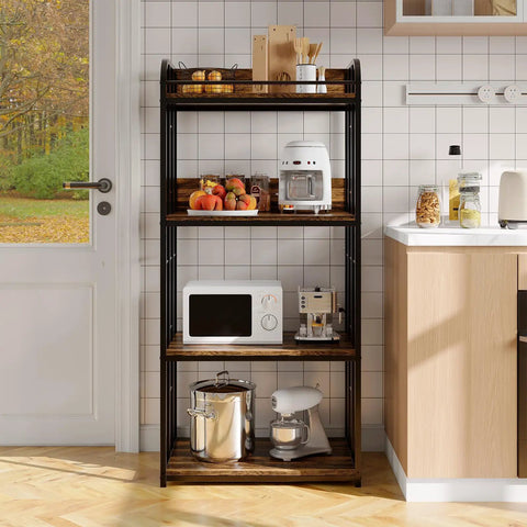 Knockout Four Tier Industrial Baker Rack With Adjustable Kitchen Storage Shelves For Microwaves And Pans Heavy Duty Pantry Organizer with pots and appliances.