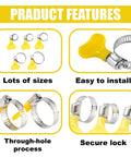 Product features of 30-Pcs Stainless Steel Hose Clamps Set 5/16 To 1-1/8 Inch with yellow thumb screws and worm gear design