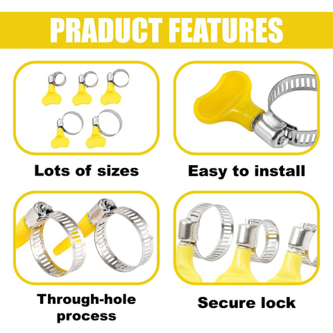 Product features of 30-Pcs Stainless Steel Hose Clamps Set 5/16 To 1-1/8 Inch with yellow thumb screws and worm gear design