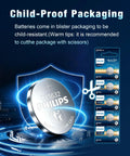 Heavy Duty Cr1632 3V Lithium Coin Cell Battery Five Pack With Ten Year Shelf Life And Child Safe Packaging displayed with protective features.