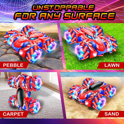 GDRic Spider RC car, red and blue, 4WD stunt with LED wheels, 360° rotating for indoor outdoor play.