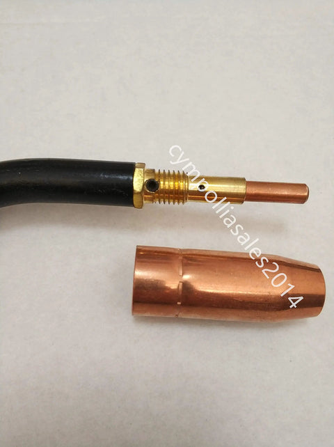 Top Notch MIG Welding Gun With 10 Foot Cable And 5 Pin Connector Rated For 180 Amps showing copper tip and connector.
