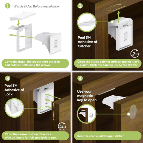Installation guide for Magnetic Cabinet Locks For Baby Proofing And Child Safety No Screws Or Tools Needed Easy Install With 3M Adhesive 12 Pack With 2 Keys Multi Purpose Latches For Cabinets Drawers And More.