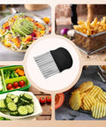 Center close-up of a stainless steel vegetable crinkle cutter with black handle and ridged blade.