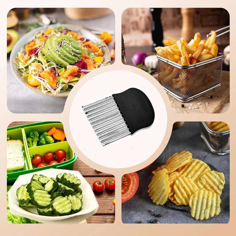 Center close-up of a stainless steel vegetable crinkle cutter with black handle and ridged blade.