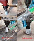 MaxTool 6-1/4 in bi-metal hole saw, 159mm, 5/8-18 thread; collage showing drilling wood, pipes, metals and MDF