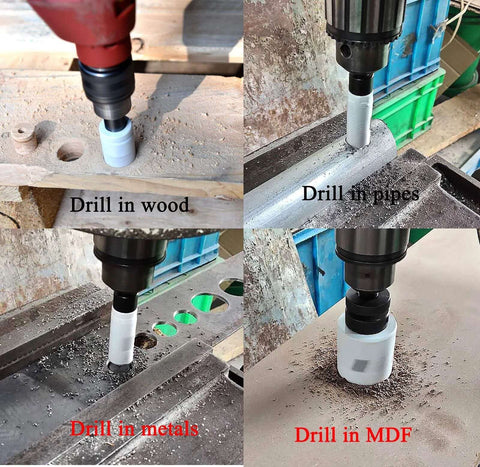 MaxTool 6-1/4 in bi-metal hole saw, 159mm, 5/8-18 thread; collage showing drilling wood, pipes, metals and MDF