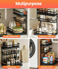 Multipurpose use of Under Sink Organizer Set, 2 Pack 3 Tier Pull Out Shelf Organizers in kitchen, bathroom, countertop, and laundry.